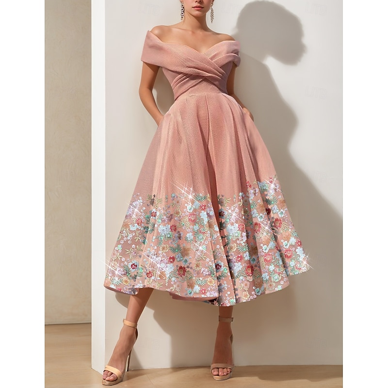 Floral A-Line Cocktail Dresses Elegant Dress Formal Wedding Guest Ankle Length Short Sleeve Off Shoulder with Slit Embroidery Dresses - Main Image