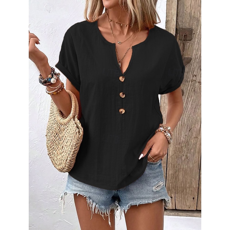 Women's Plus Size Summer Tops Solid Color Casual Short Sleeve V Neck Regular Tops Going out Weekend Buttons Black White Royal Blue Orange off-white Summer
