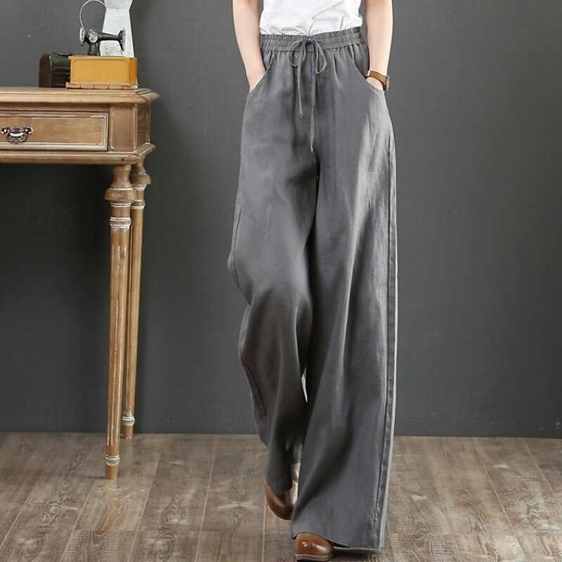 Women's Wide Leg Cotton Linen Pants Slacks Fashion Streetwear Full Length Natural Plain Pocket Elastic Drawstring Design Comfy Outdoor Street Holiday Weekend Apricot Grey Black White Summer Regular2
