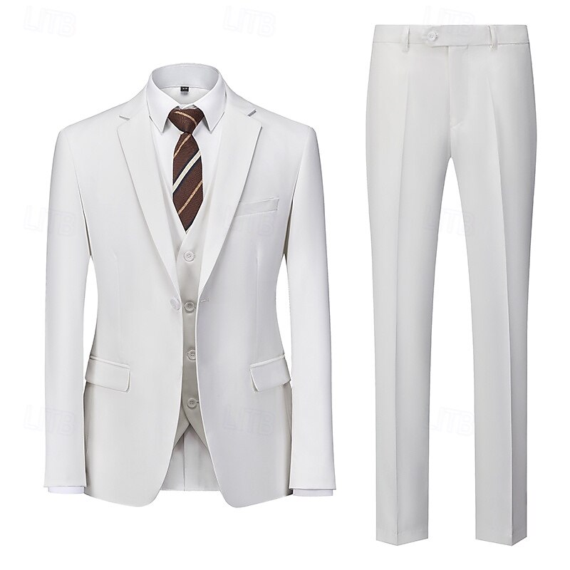 Men's Wedding Beach Wedding Suits White Casual Formal Solid Colored Standard Fit 3 Piece Single Breasted One-button4