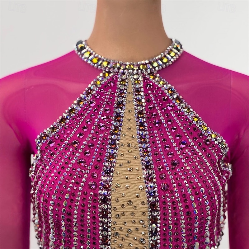 Figure Skating Dress Women's Girls' Ice Skating Dress Rose Red Patchwork Open Back Mesh High Elasticity Training Competition Skating Wear Classic Crystal / Rhinestone Long Sleeve Ice Skating Figure2
