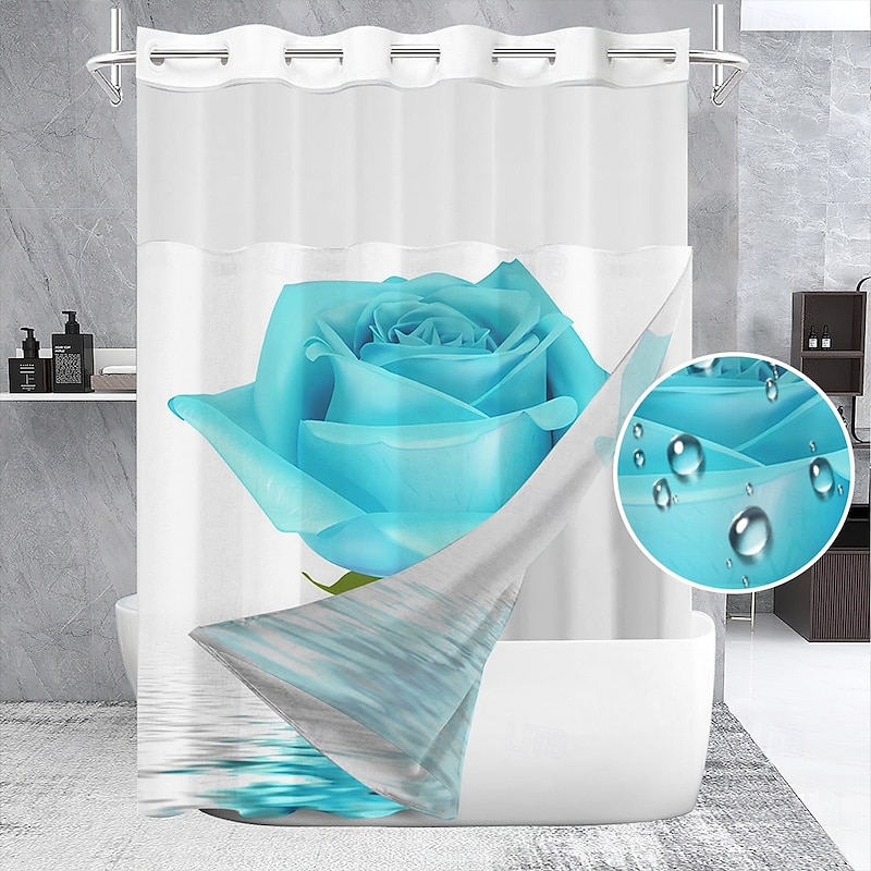 Waffle-Weave Floral Shower Curtain Set with Snap-in Liner and Sheer Window, Water-Repellent Polyester, No-Hook Grommet Top, 120GSM Hotel Spa Bathroom Partition, Double-Layer Design