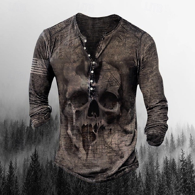 Men's T shirt Tee Henley Shirt Graphic Skull Henley Army Green Brown Khaki Gray Plus Size Street Casual Long Sleeve Button-Down Print Clothing Apparel Stylish Retro Vintage Basic2