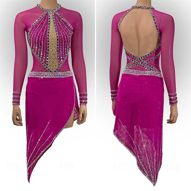 Figure Skating Dress Women's Girls' Ice Skating Dress Rose Red Patchwork Open Back Mesh High Elasticity Training Competition Skating Wear Classic Crystal / Rhinestone Long Sleeve Ice Skating Figure