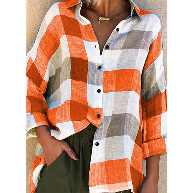 Women's Shirt Plaid Stylish Casual Long Sleeve Shirt Collar Regular Tops Daily Buttons Print Purple Orange Green Gray Summer Spring4