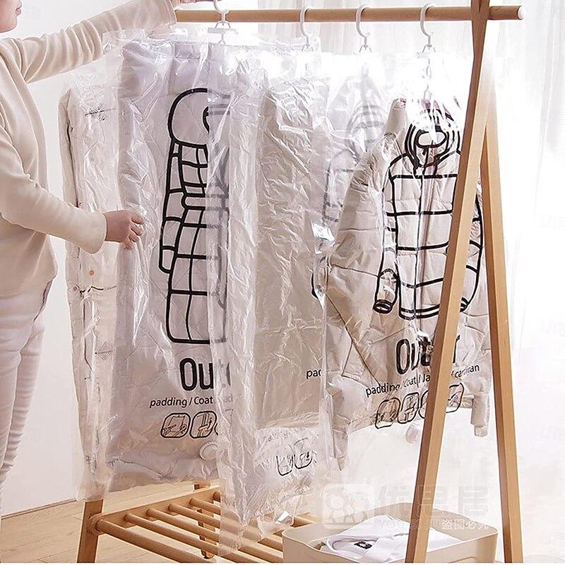 5pcs Hanging Vacuum Storage Bags with Hand Pump, Thickened Compression Bags for Down Jackets, Quilts, Clothes, Space Saver Hanging Organizer, Vacuum Seal Storage Bag for Closet