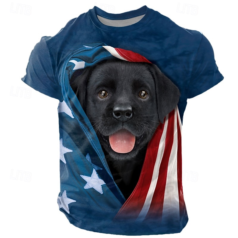 Patriotic black lab Puppy VINCENT HIE Men's 3D T Shirt Short Sleeve T shirt 3D Print Crew Neck Shirt Fashion Exaggerated Daily Party Street Casual Blue Summer Spring All Seasons Clothing Apparel