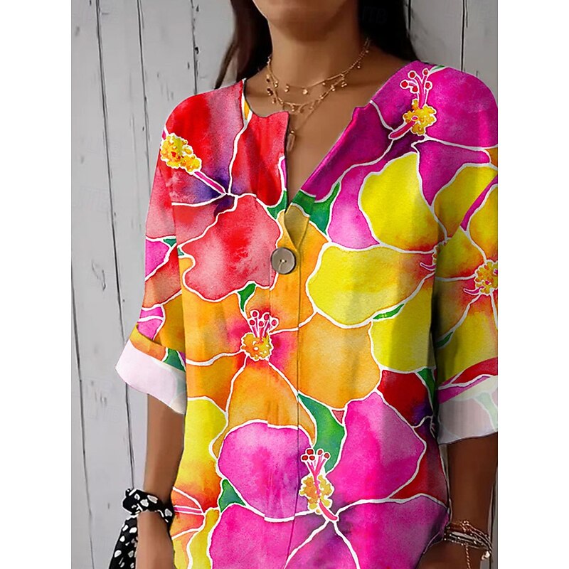 Women's Shirt Long Sleeve  V Neck Floral Graphic Vintage Tropical Hawaiian 3/4 Length Sleeve Crew Neck Regular Tops Daily Holiday Beach Wear Print Fuchsia Summer Spring3