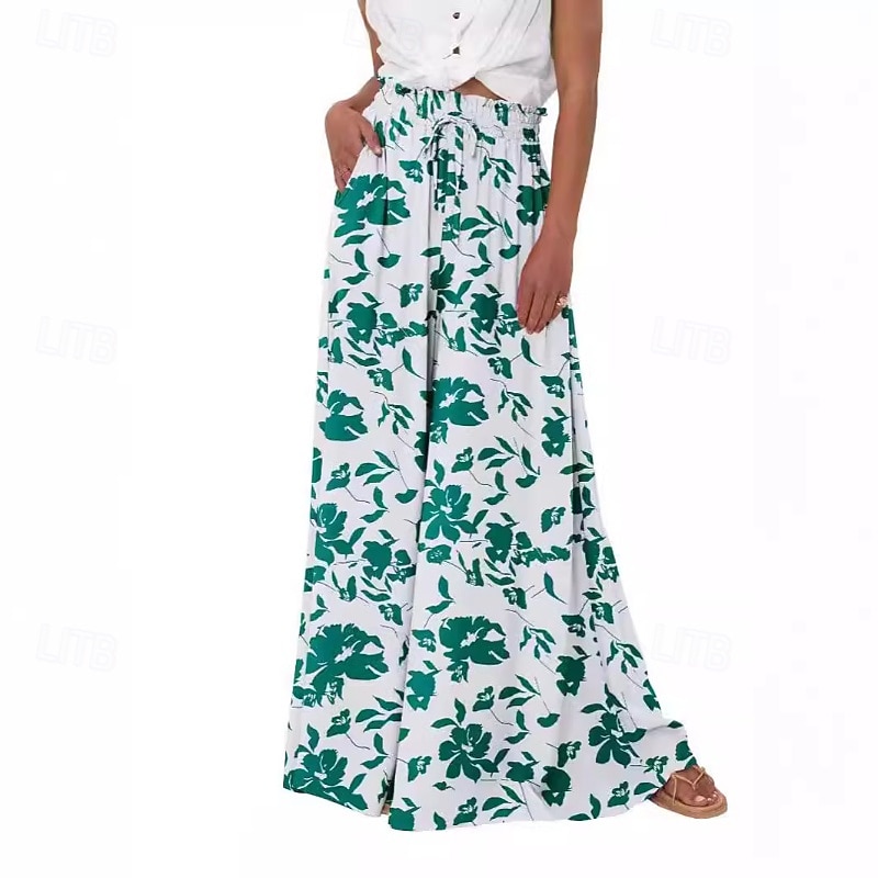 Women's Culottes Wide Leg Slacks Pants Trousers Casual Boho Full Length Natural Flower Pocket Elastic Waist Printing Comfy Outdoor Holiday Casual Daily Weekend Magenta White Blue Green Summer Regular3