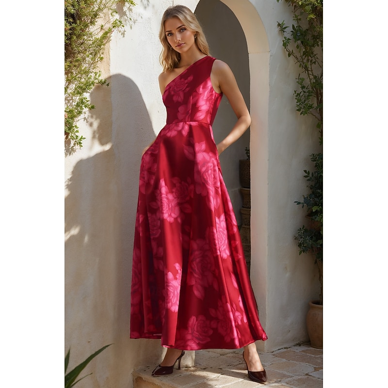Floral PrintCocktail Dresses Elegant Dress Semi Formal Wedding Guest Dress Maxi Length Sleeveless One Shoulder Satin with Side Pockets