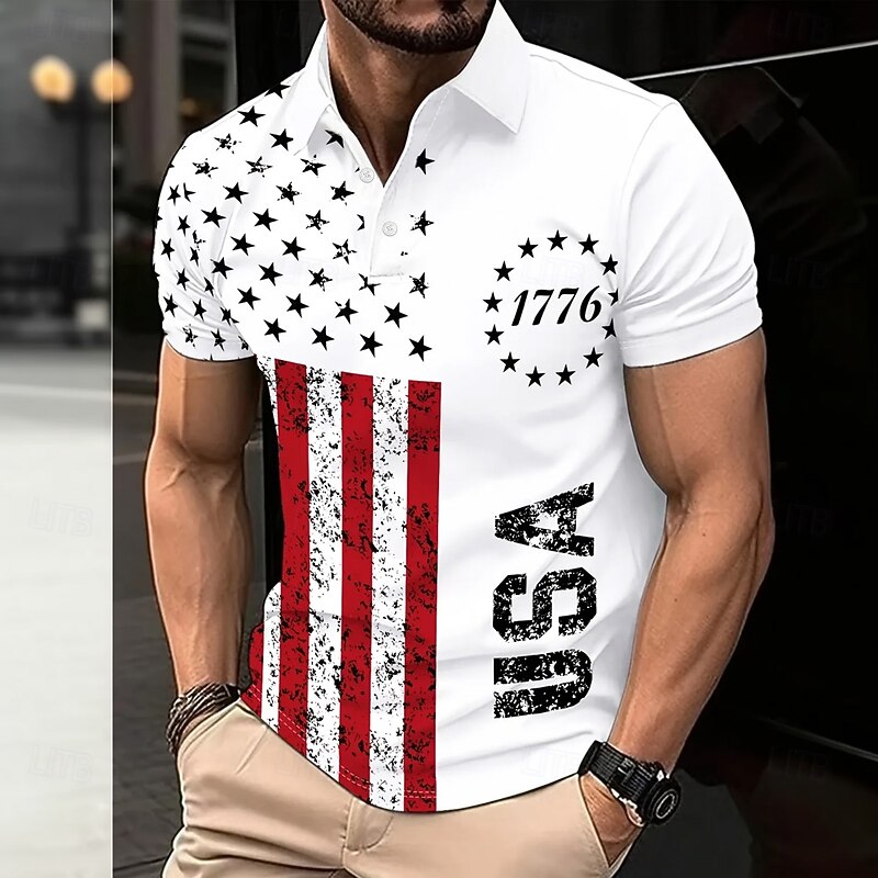 American Independence Day Men's American US Flag Polo Short Sleeve Polo Shirts Collared Shirts Casual Outdoor Daily Wear 3D Print Summer White