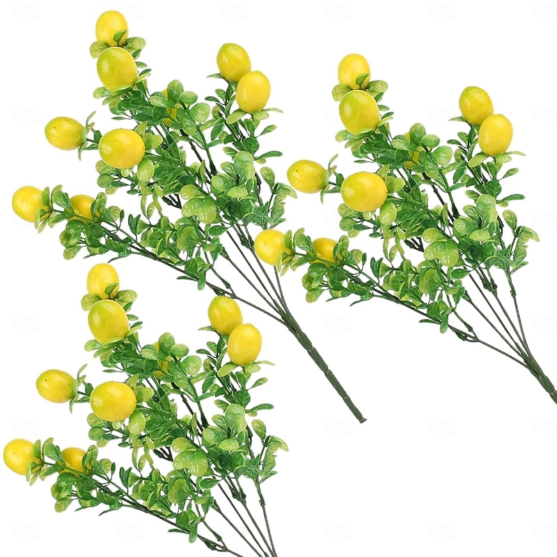 3pcs Artificial Lemon Branches 7 Forks Each, Faux Fruit Stems for Summer Home Decor, Fake Lemon Plant for Kitchen Table Centerpieces, Farmhouse Decoration