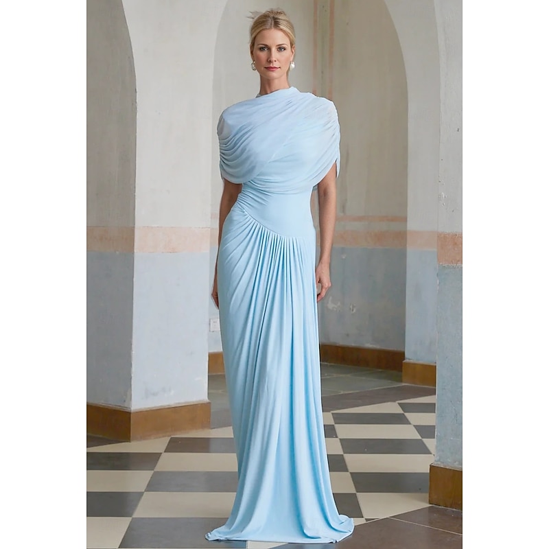 Baby Column Evening Gown Elegant Dress Formal Wedding Guest Floor Length Short Sleeve High Neck Spandex with Ruched Shawl