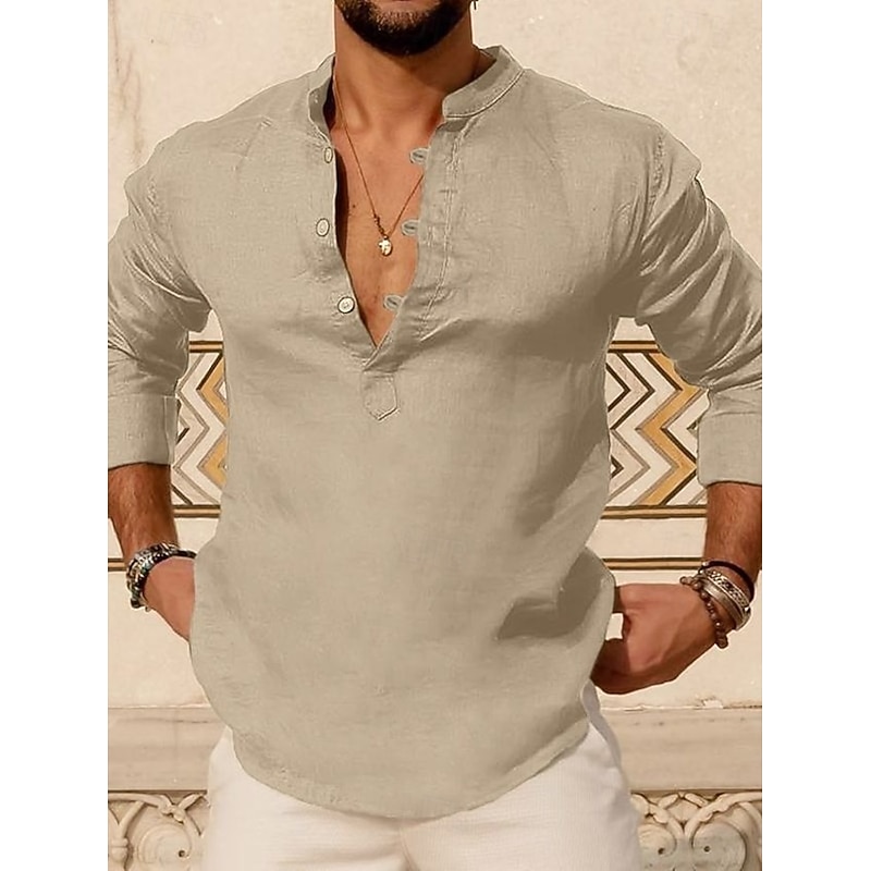 Men's Shirt Linen Shirt Popover Shirt Summer Shirt Beach Wear Henley Shirt Solid Color Vacation Home Pink Sky Blue Green Khaki Long Sleeve Stand Collar Summer Spring Clothing Apparel Buttons4