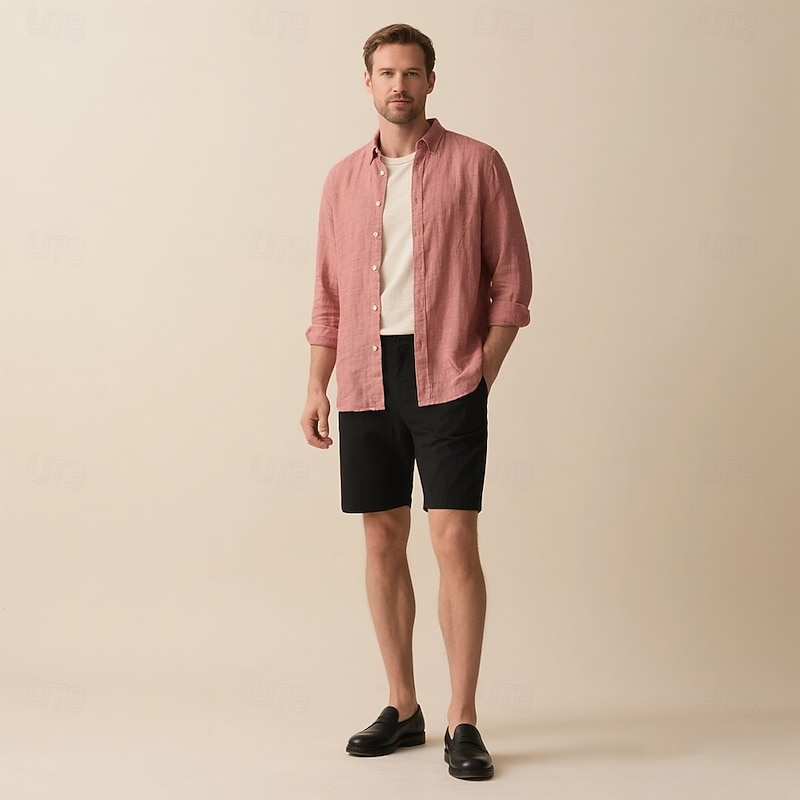 Men's Linen Shirt Button Down Shirt Casual Shirt Solid Color Formal Casual White Light Green Red Dark Navy Long Sleeve Turndown Summer Winter Clothing Apparel Plain2