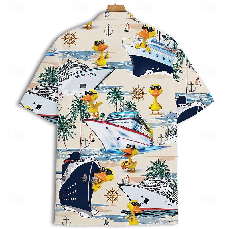 Men's Funny Duck Cruise Ship Shirt Cuban Collar Shirt Summer Hawaiian Shirt Short Sleeve Hawaiian Vacation Holiday Beach Wear Summer Spring Grandad Collar Standing Collar Camp Collar Shirt 3D Print2