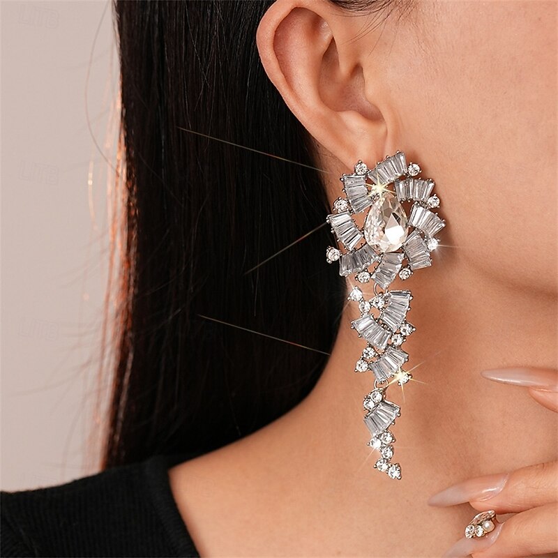 Silver Cubic Zirconia Hoop Earrings Vintage Style Geometrical Drop Vintage Fashion Earrings Jewelry Silver For Wedding Party Holiday 1 Pair4