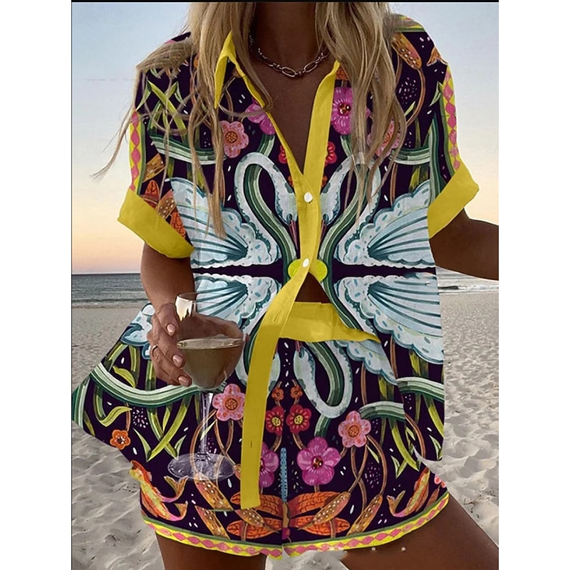 Women's 2 Pieces Fashion Streetwear Daily Shorts Sets Short Sleeve Shirt Collar Floral Graphic Print Vacation Casual Daily Yellow Pink Red Summer Regular Fit
