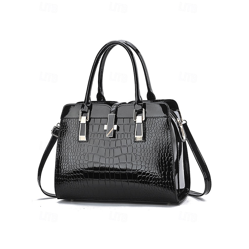 Women's Burgundy Patent Faux Leather Handbag - Croc Embossed Structured Tote Bag with Top Handle and Shoulder Strap, Perfect for Mother's Day Gift, Office, Business and Formal Occasions4