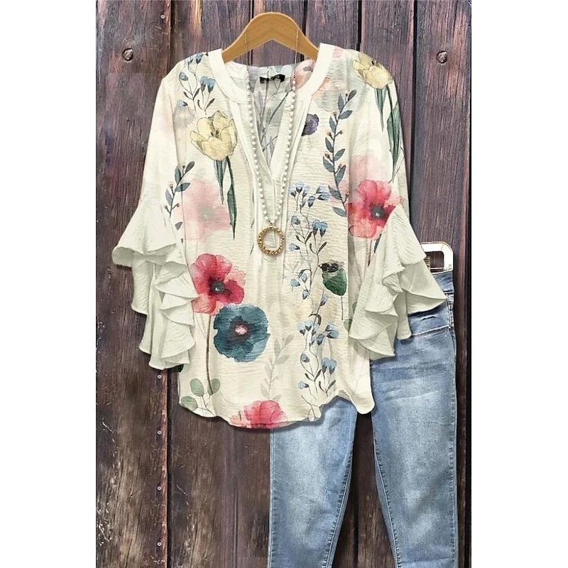 Women's Blouse V Neck Layered Ruffle Sleeve Tops Floral Graphic Daily Stylish Casual 3/4 Length Sleeve Regular Tops Daily Holiday Vacation Wear Print Blue Beige Light Blue Summer Spring