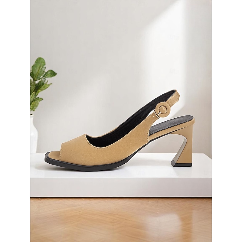 Women's Beige Faux Leather Slingback Peep-Toe Heels – Chic Minimalist Block Sandals for Casual Dates & Summer Outings3