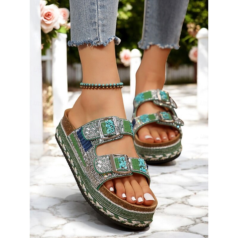 Women's Beaded Platform Slide Sandals – Bohemian Style Slip-On Sandals for Beach, Festivals & Casual Outings