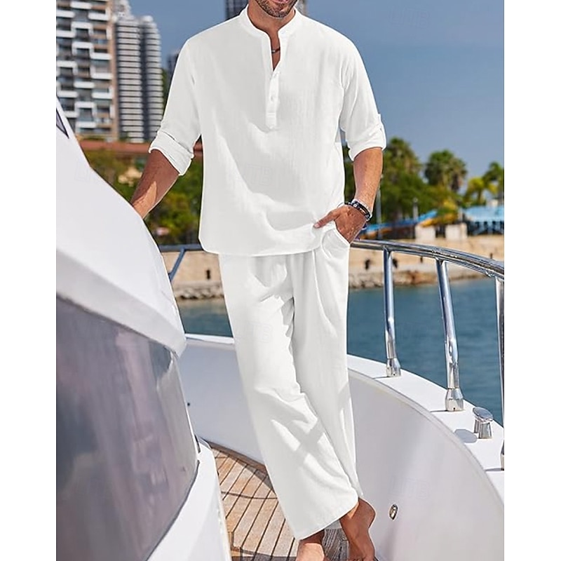 Men's T-shirt Suits Shirt and Pant Sets 2 Pieces Outfits Full Body Henley Spring & Summer Plain Fashion Casual 2 Piece Vacation Daily Wear Going out Black White Blue Top Tee for Men