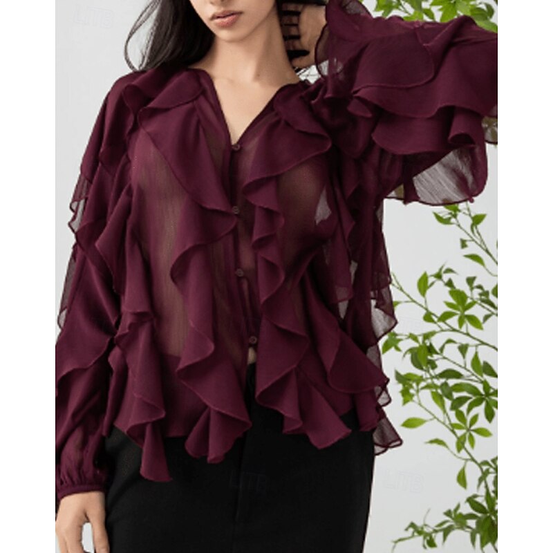 Women's Shirt Blouse Plain Stylish Modern Long Sleeve V Neck Regular Tops Holiday Going out Layered Wine Summer4