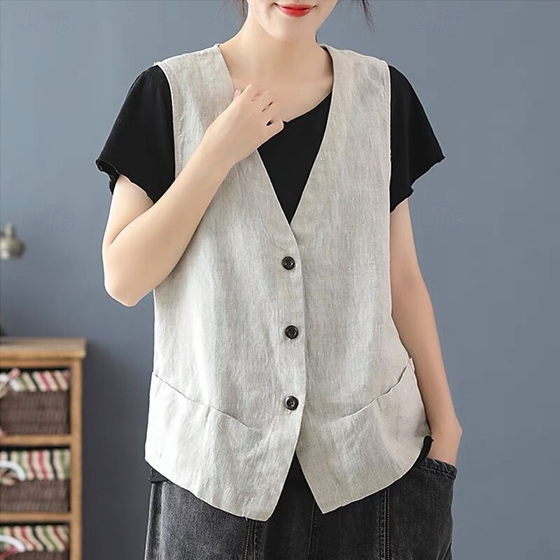 Women's Linen-Inspired Shirts Plain Casual Sleeveless V Neck Regular Tops Daily Holiday Going out Buttons Black White Summer2