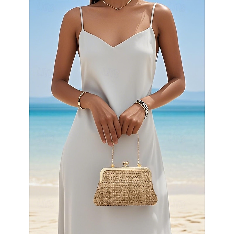 Women's Vintage Woven Straw Handbag – Elegant Kiss Lock Frame Purse with Gold Chain, Retro Style Clutch for Beach Vacations, Parties & Summer Outings2