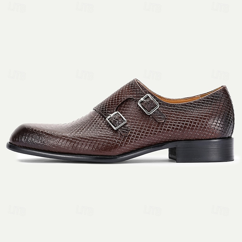 Men's Brown Snakeskin Pattern Leather Monk Strap Shoes – Sophisticated Kentucky Derby Dress Shoes for Outdoor Events and Horse Races3