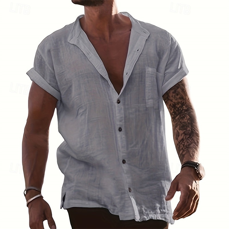 Men's Shirt Summer Shirt Casual Shirt Beach Shirt Button Up Shirt White Sky Blue Gray Short Sleeve Plain Stand Collar Vacation Hawaiian Clothing Apparel Fashion Casual Comfortable2