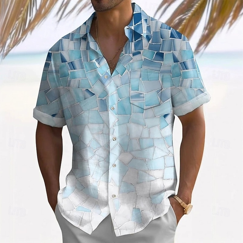 Men's Geometric Mosaic Print Shirt Summer Shirt Button Up Shirt Short Sleeve Fashion Casual Outdoor Vacation Dailywear Summer Spring Turndown 3D Print Collared Shirts Front One Pocket Blue Purple