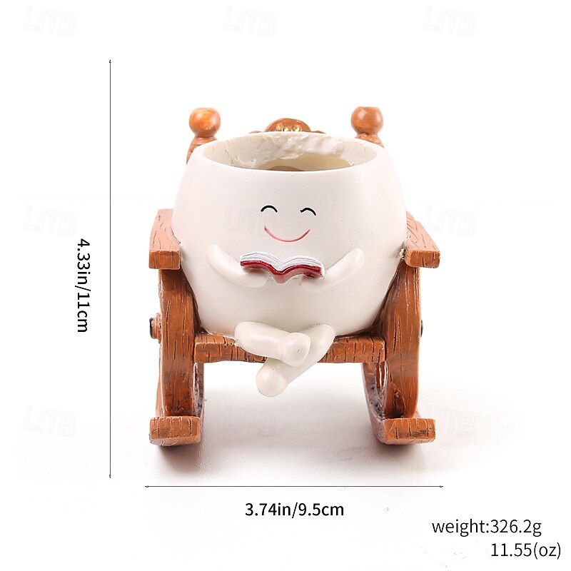 Planter Pots Resin Figurine for Succulent, Home Office Decor, Rocking Chair Reading Mini Plant Pot, Cute Small Planter for Desk, Indoor Succulent Pot Decoration3