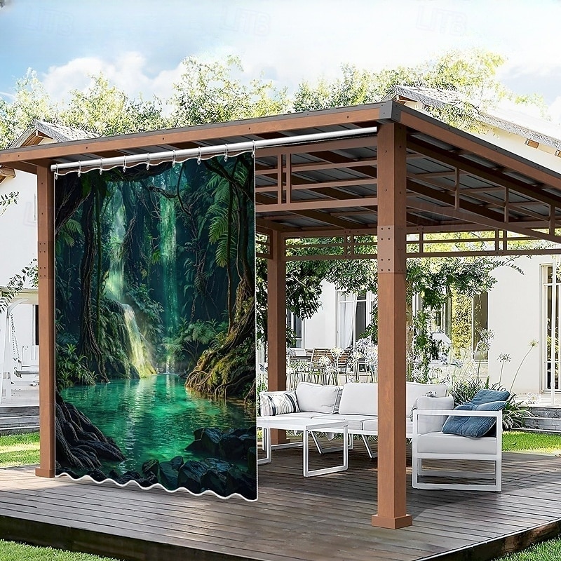 Waterproof Outdoor Curtain Privacy, Sliding Patio Curtain Drapes, Pergola Curtains Grommet 3D Landscape Green Cave For Gazebo, Balcony, Porch, Party, 1 Panel2