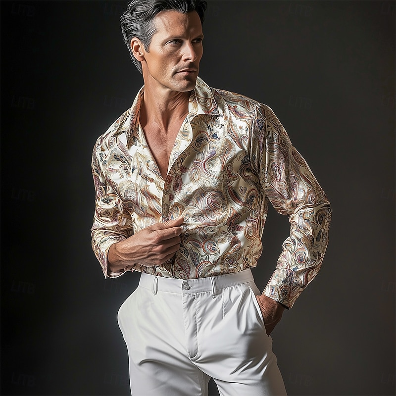 Men's Shirt Satin Shirt Striped Shirt Casual Shirt Button Up Shirt Paisley Wedding Vacation Beige Long Sleeve Collar Spring &  Fall All Seasons Clothing Apparel2
