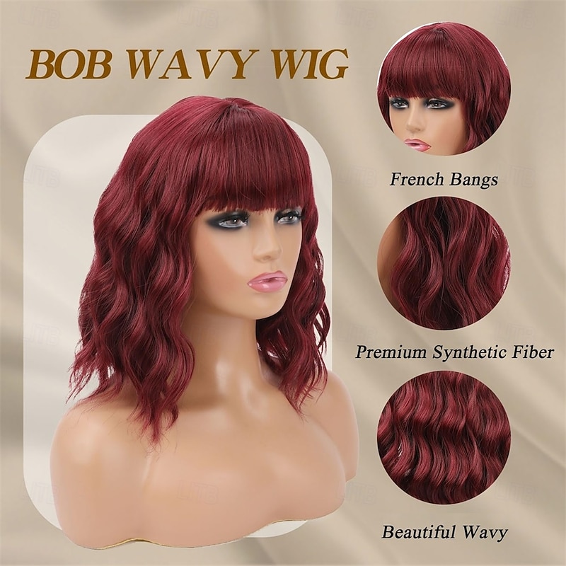 Red Wig with Bangs Short Wavy Wigs for Women Wine Red Curly Shoulder Length Bob Wig Synthetic fiber Wigs for Daily Party Use3