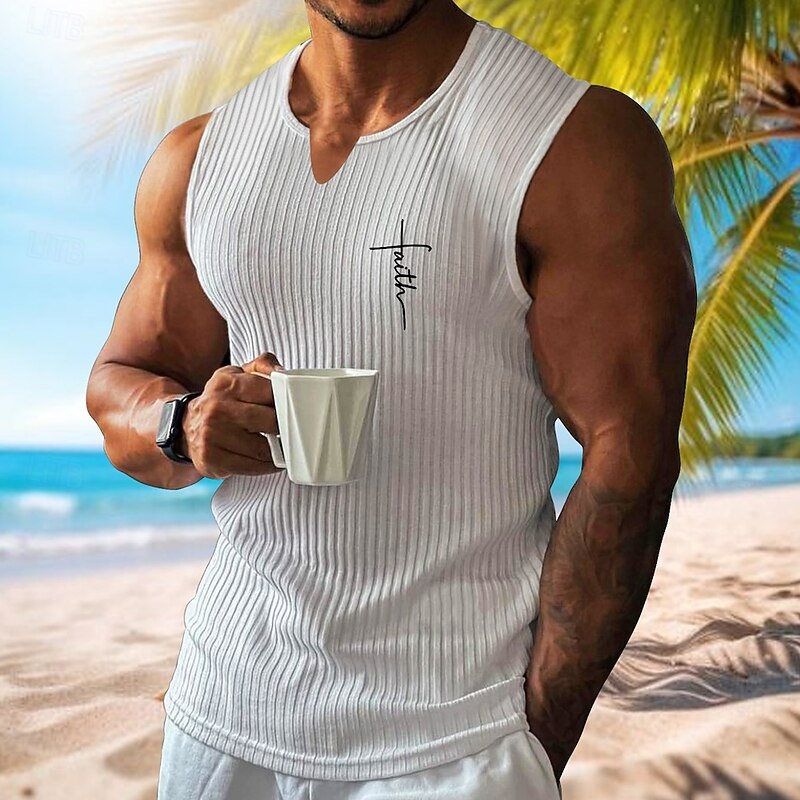Men's Vest Top Undershirt Sleeveless Shirt Sleeveless V Neck Spring & Summer Pattern Fashion Designer Vacation Street Going out White Wine Dark Gray Top Tee for Men