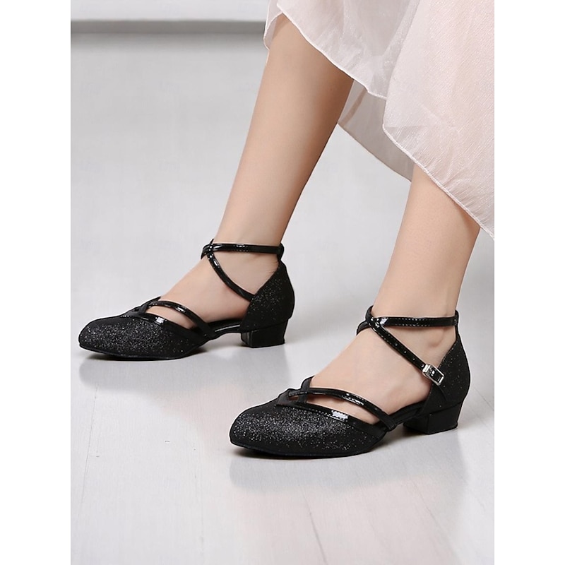 Women's Black Glitter Low Heel Dance Shoes – Sparkly Ankle Strap Ballroom Shoes for Girls & Ladies' Performance or Practice