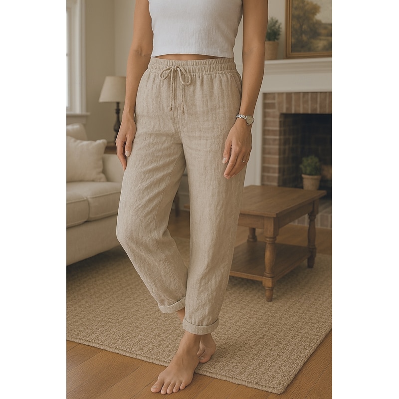 Women's Cotton Linen Pants Comfort Full Length High Waist Plain Pocket Elastic Waistband Comfy Outdoor Comfortable Daily Wear Black White Red Green Summer Regular Fit