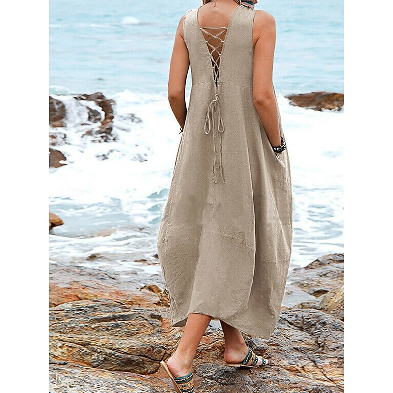 Women's Midi Dress Cotton Linen Dress Basic Casual Vacation Daily Regular Fit Plain Sleeveless V Neck Black Wine Khaki Summer2