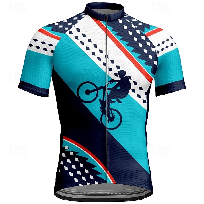 Men's Cycling Jersey Graphic Geometic Short Sleeve Bike Tee Tshirt Jersey with 3 Rear Pockets Mountain Bike MTB Quick Dry Anatomic Design Wicking Breathable Sports Red Blue Sky Blue Clothing Apparel