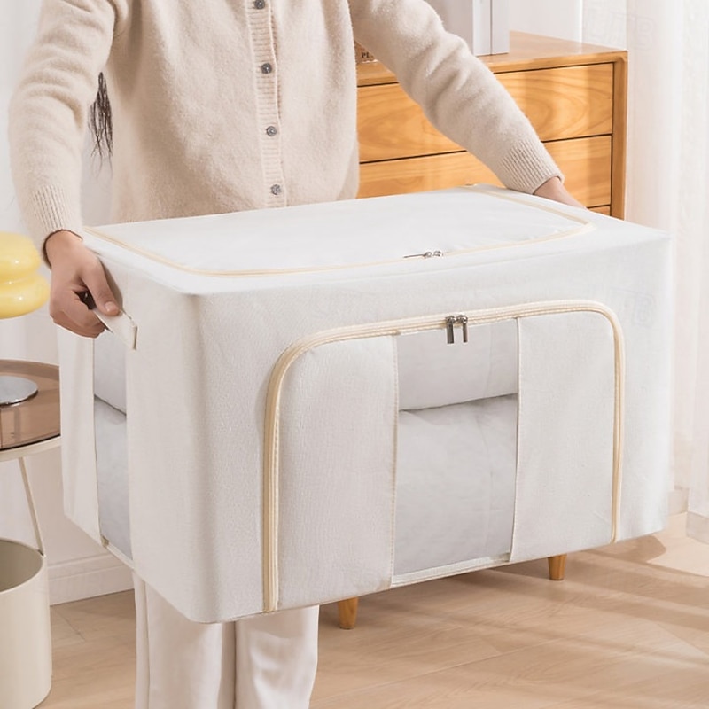 Clothes Storage Bins Stackable Metal Frame Storage Box Foldable Linen Fabric Organizer with Carrying Handles and Clear Window2
