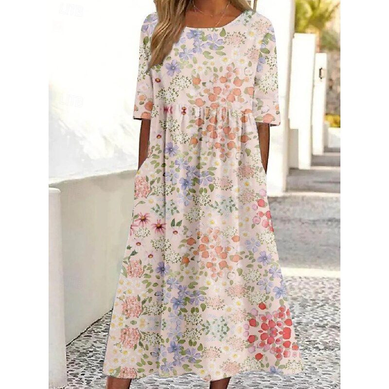 Women's Midi Dress Casual Dress Skater Dress Summer Dress Fashion Modern Daily Weekend Fall Dress Regular Fit Floral Half Sleeve V Neck White Blue Purple Khaki Fall3