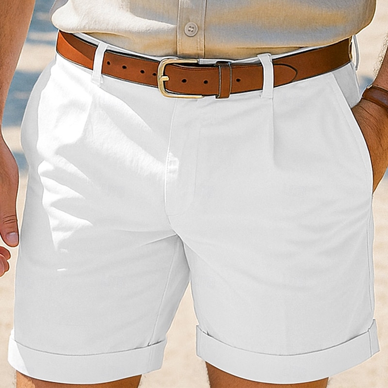 Men's Linen Shorts Dress Shorts Summer Shorts Beach Shorts Pleated Shorts Pocket Pleats Straight Leg Plain Comfort Breathable Knee Length Outdoor Casual Daily Vacation Fashion Black White