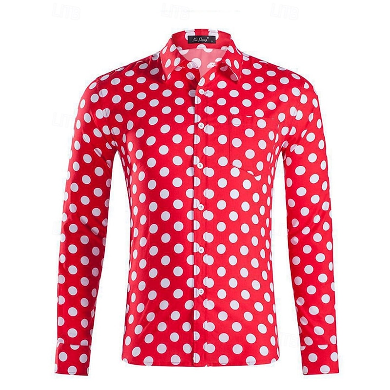 Men's Shirt Summer Shirt Casual Shirt Beach Shirt Button Up Shirt Light Pink Black White Red Black+Gray Long Sleeve Polka Dot Lapel Vacation Hawaiian Button-Down Clothing Apparel Polyester Fashion3