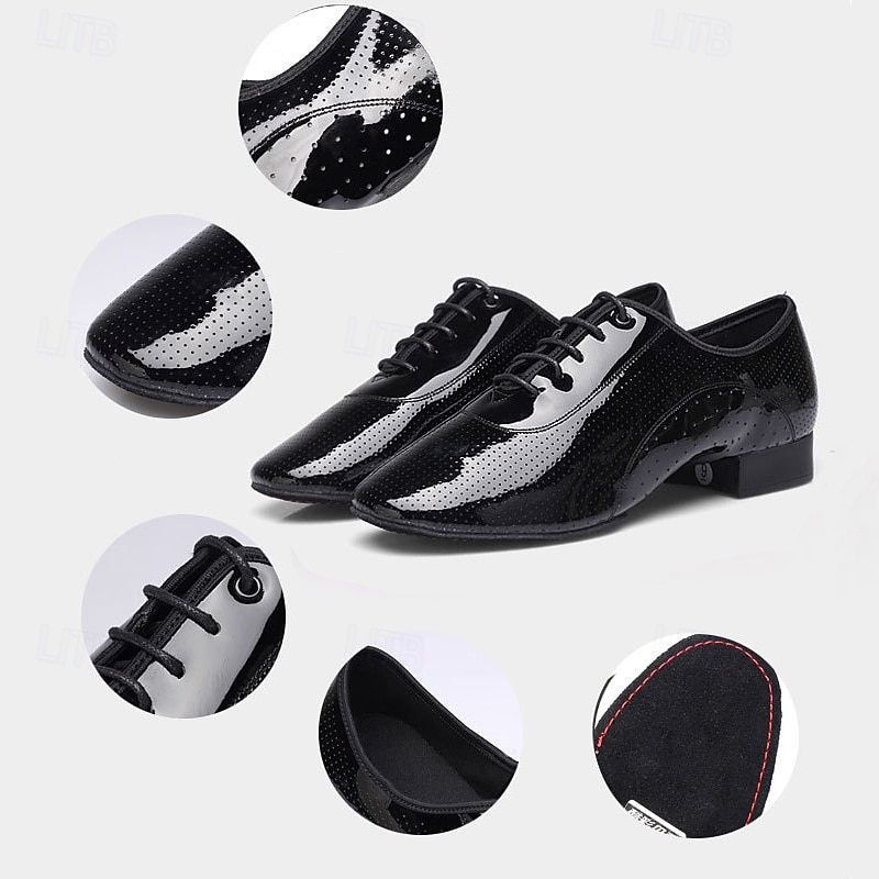 Men's Black and White Patent Leather Dance Shoes – Stylish Lace-Up Oxford Shoes with Perforated Detailing for Ballroom, Latin and Social Dancing3