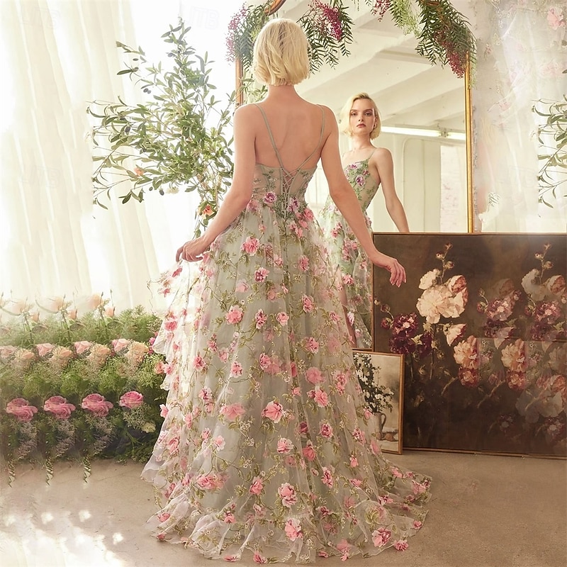 Ball Gown A-Line Quinceanera Dresses Elegant Dress Wedding Wedding Guest Floor Length Sleeveless Spaghetti Strap Polyester Backless with Floral Print Pleats Slit3