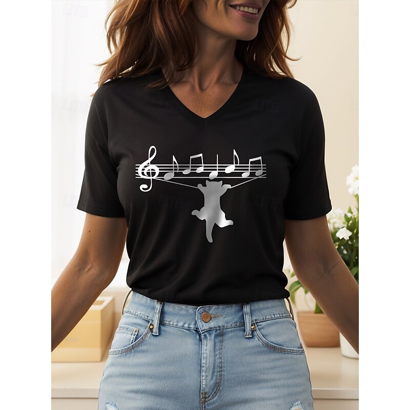 Women's Blouse Graphic Cat Letter Vintage Stylish Classic Short Sleeve V Neck Regular Tops Daily Going out Beach Wear Print Black White Summer Spring