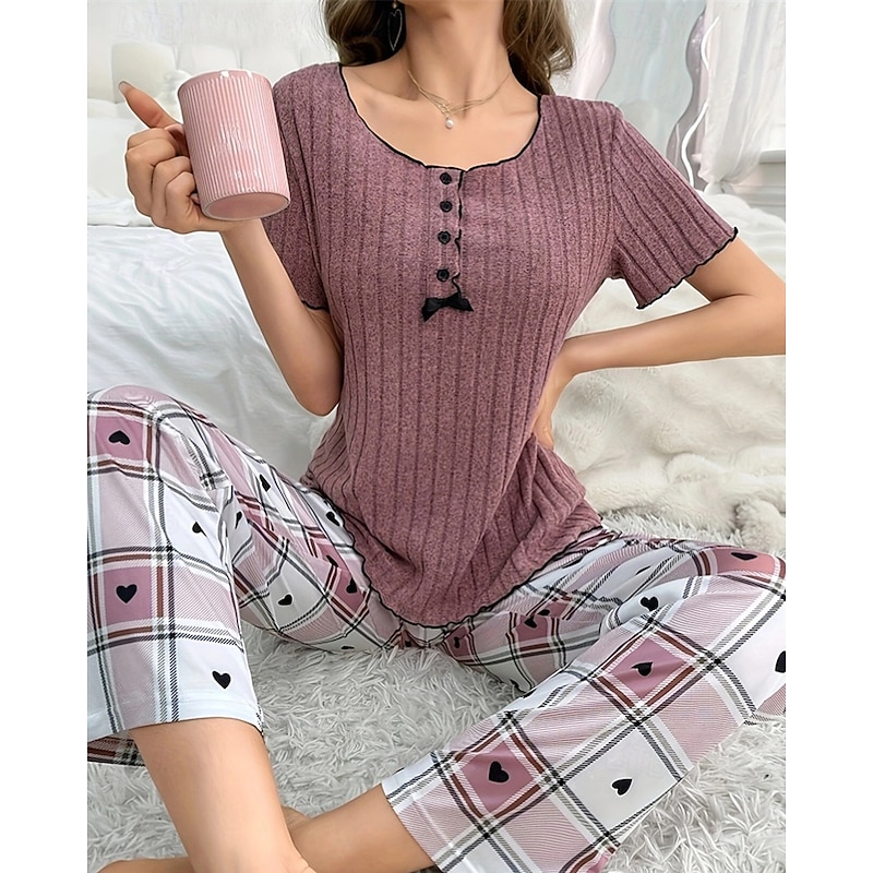 Women's Pajamas Pajama Set Warm Fashion Casual Grid / Plaid Buttons T Shirt Pant Home Daily Bed Short Sleeve Crew Neck Purple Summer Spring Tailored Fit